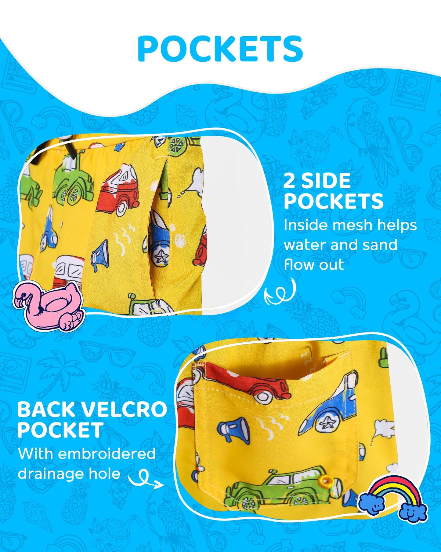maamgic Boys Swim Trunks with Compression Liner Toddler Boy Swimsuit Quick Dry 4-Way Stretch Swimming Trunks Cartoon car Yellow 2T