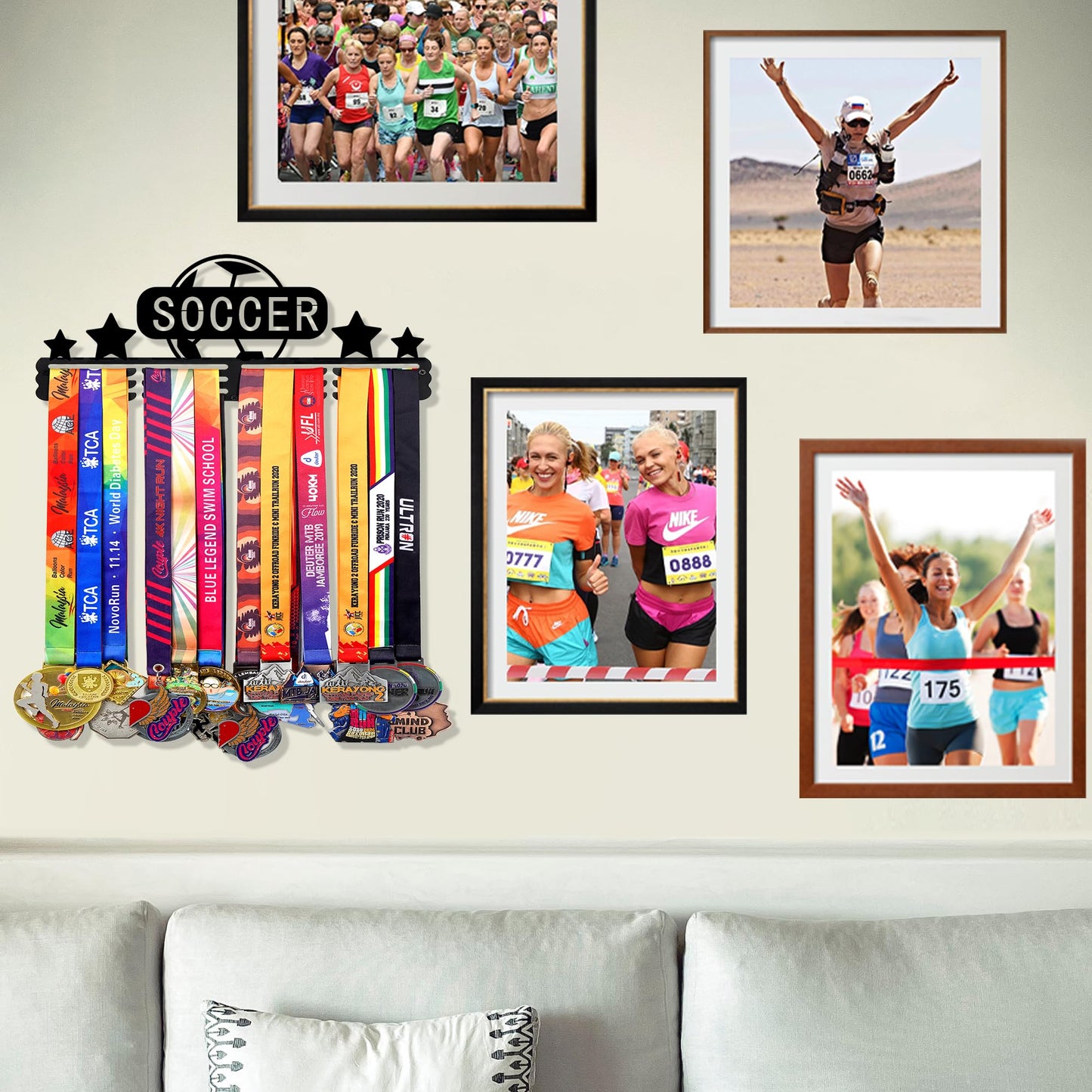 Goutoports Soccer Medal Display Hanger - Sport Award Ribbon Plaques Holder Rack for Wall Mount - Black Steel Metal Holder with 12 Hooks Hold Up 60 Medals Easy to Install