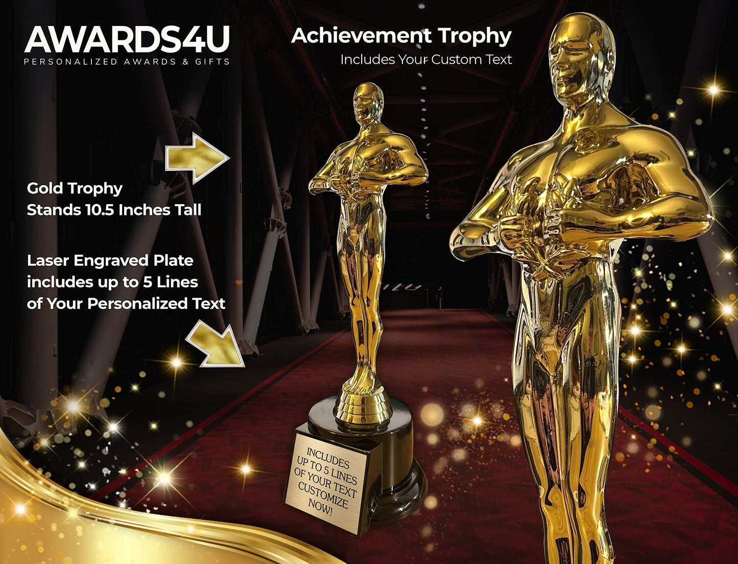 Achievement Custom Trophy 10.5 Inches Tall - Customized Golden Statue Award with Personalized Engraved Plate - Modern Victory Academy Statue - Best Actor Trophies - Personalize it Now!