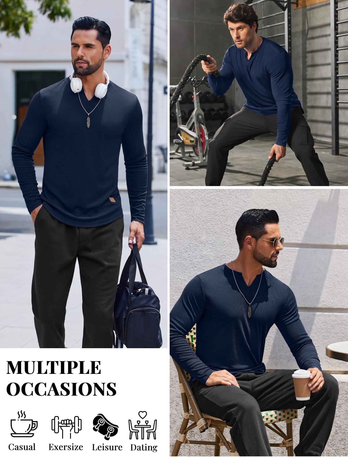COOFANDY Mens Casual V Neck T Shirt Slim Fitted Long Sleeve Muscle Henley Stretch Tee Shirts for Athletic Running Gym Workout Navy Blue
