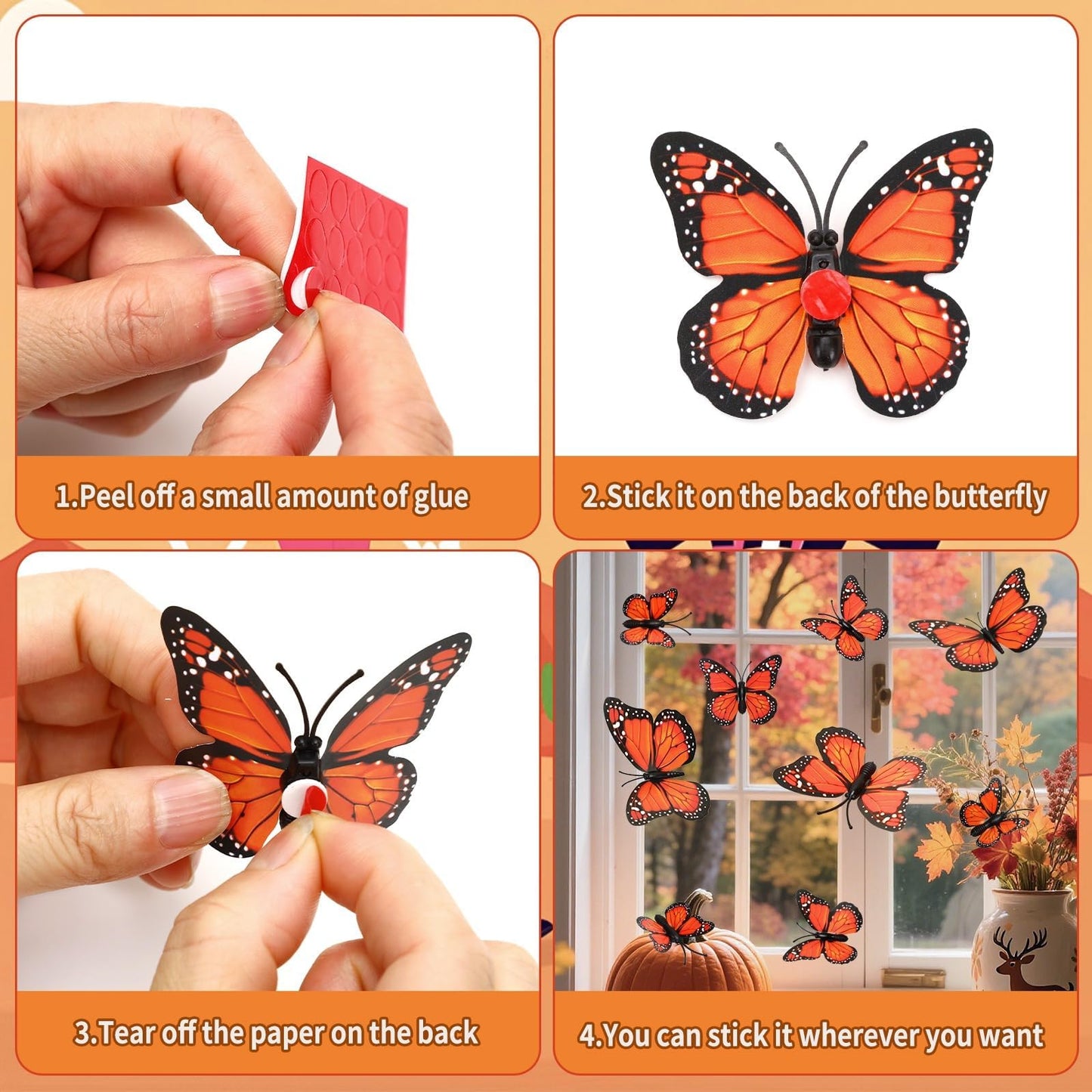 SEPGLITTER Monarch Butterfly Decorations, 60 Pcs 3D Artificial Monarch Butterfly 4 Sizes Orange Fake Butterflies Wall Decal for Home Party Day of The Dead Halloween Autumn Wedding Bedroom Craft Decor
