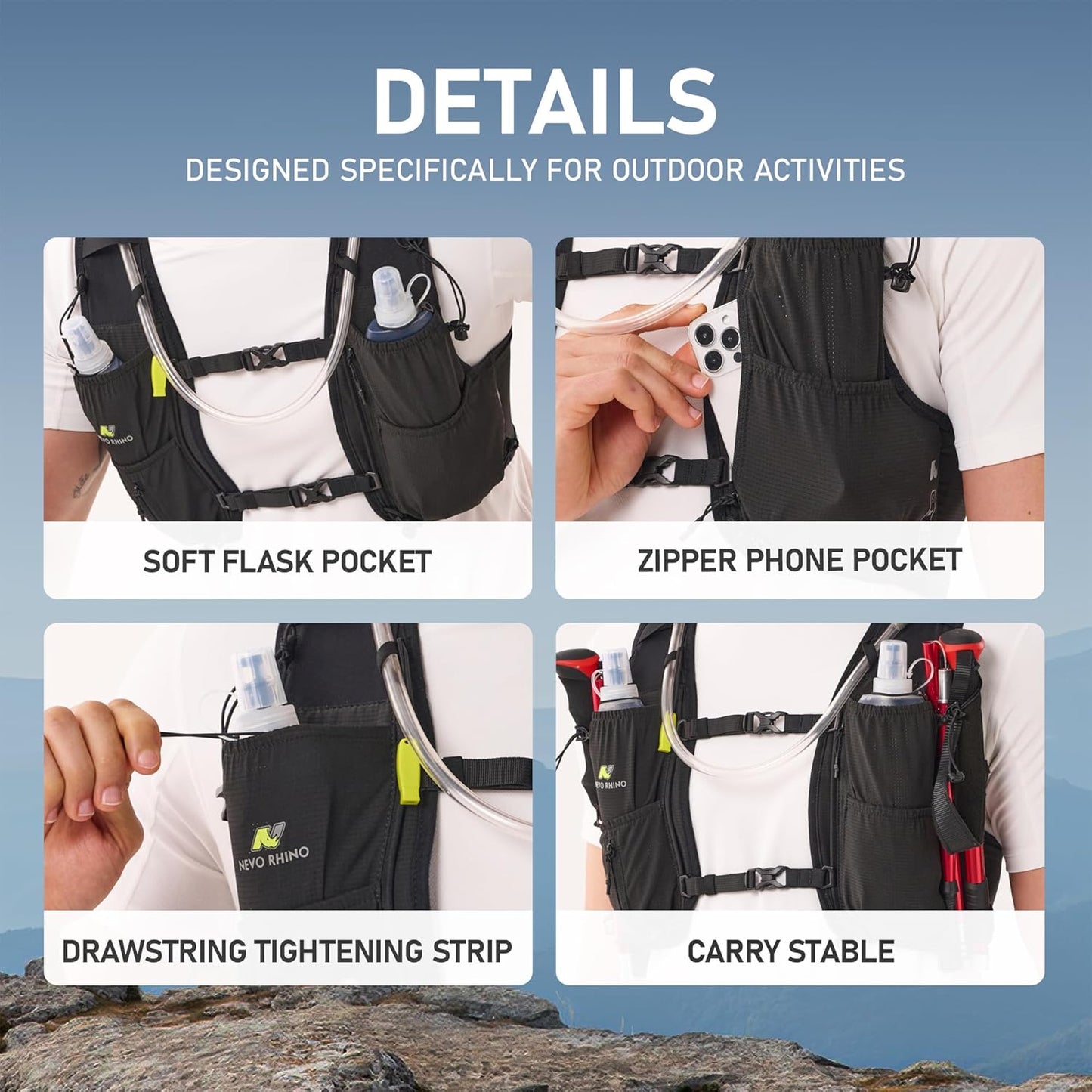 N NEVO RHINO Running Vest - 5L Lightweight Hydration Backpack with 2 TPU Soft Flasks | Breathable for Trail Running & Hiking