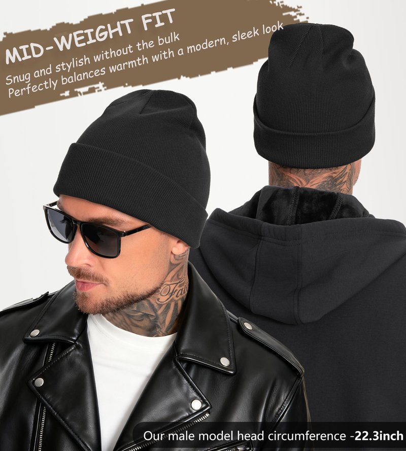 Simapu 100% Cotton Beanie for Women Men,Double-Layer Knit Warm Winter Hat Soft Cuff Fisherman Beanies Hats Slouchy Skull Cap Black