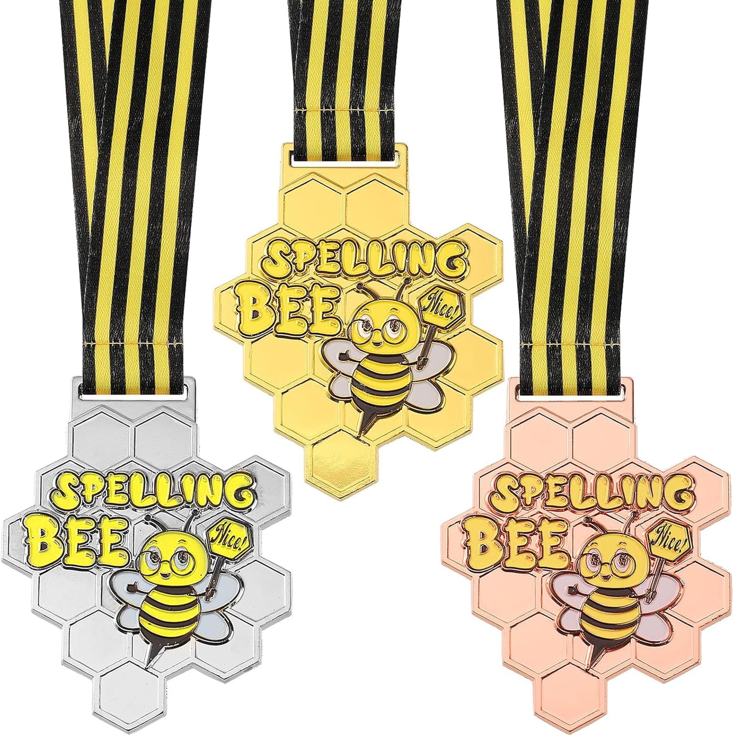 Remuuly Spelling Bee Honeycomb Medals - 1st, 2nd, 3rd Place Awards with Neck Ribbons | 3.2 x 2.8 Inches (Classic)