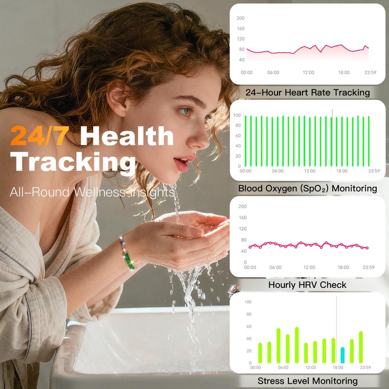 RIFESI Light Luxury Smart Bracelet for Women, Crystal Birthstone Fitness Tracker with 2 Bands, All-Day Heart Rate/Sleep/Stress/HRV/Step Monitor, Elegant Wristband for Birthday