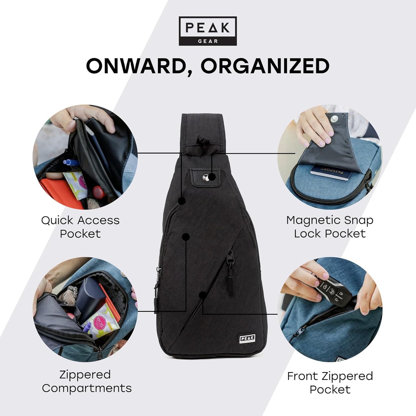Peak Gear Travel Sling Bag - Compact Crossbody Design | Lighter & Smaller than a Backpack | Lifetime ID Tag Included