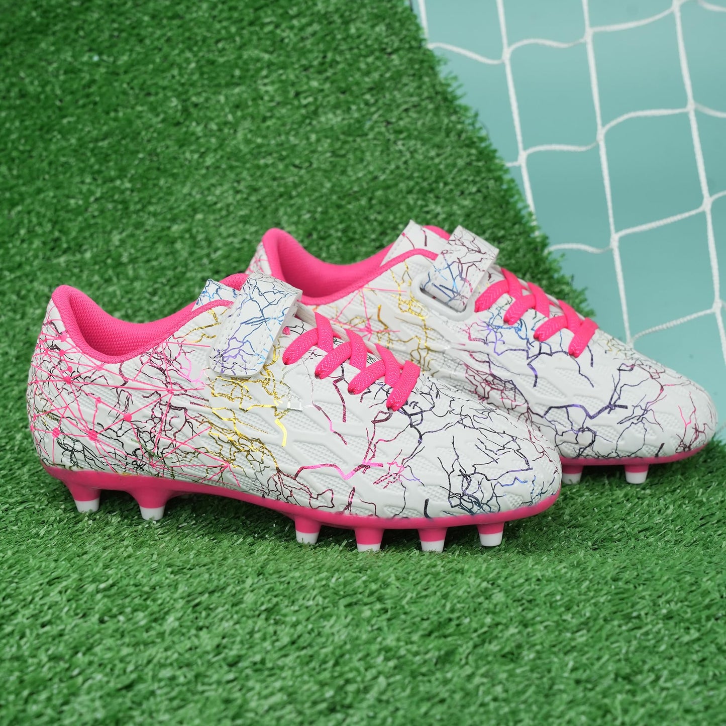 brooman Kids Firm Ground Soccer Cleats Girls Football Cleats with Shin Guards and Soccer Socks (13,White Pink)