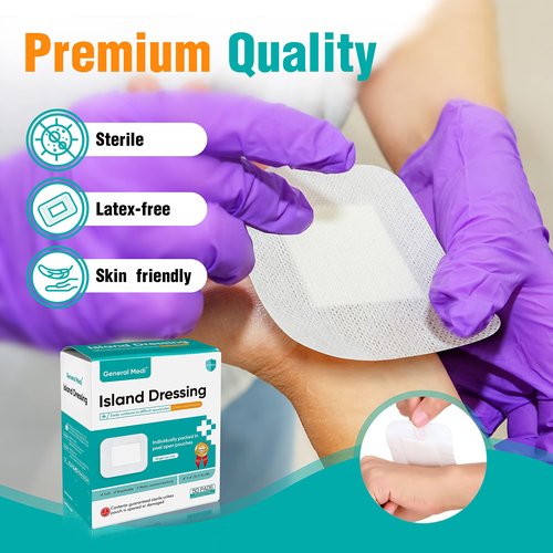 General Medi Sterile Island Dressing Bordered Gauze – 50 Count, 4" x 4" Gauze Pads, Wound Care Pad with Adhesive Border - Sterile, Soft & Highly Absorbent Medical Grade Dressing Pad