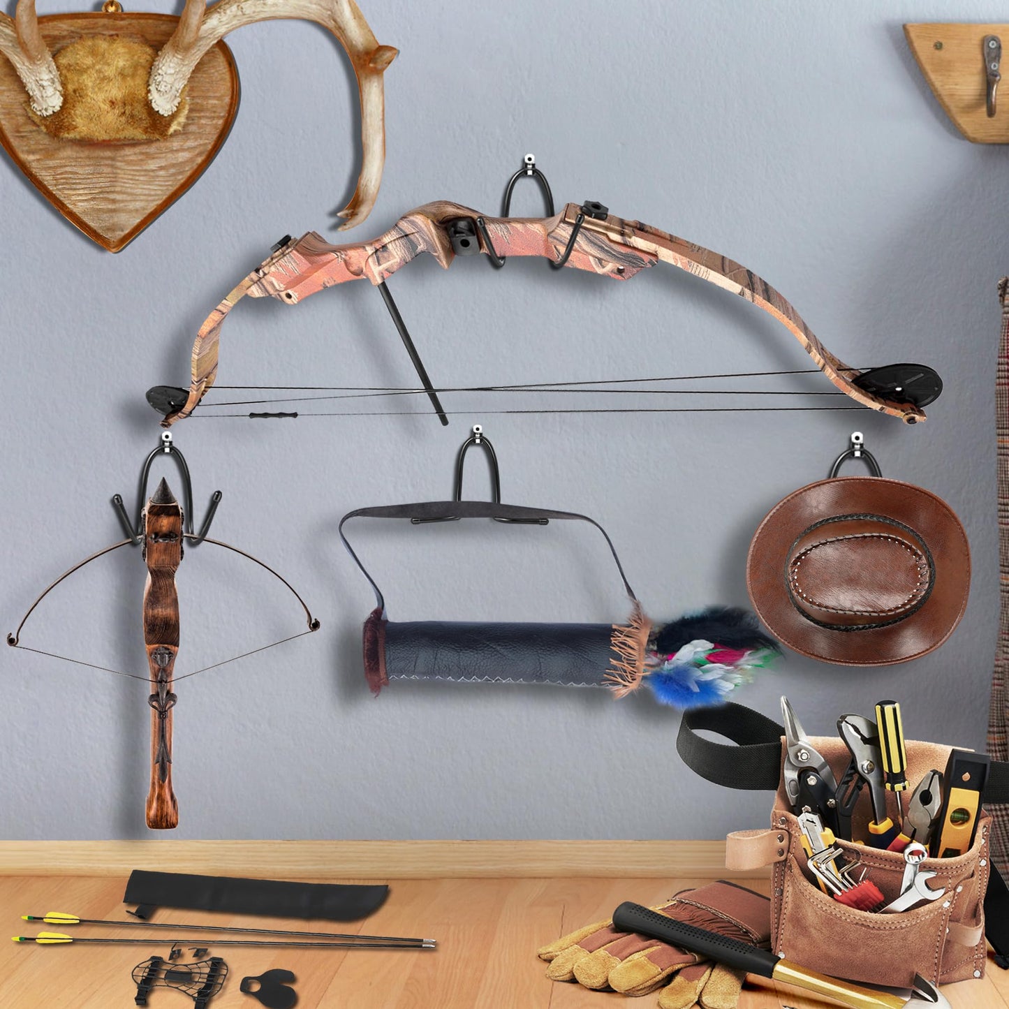 AHOSOUTLY 1Pack Bow Hanger Display Archery Rack Wall Mount Holder Wall Hook Stand Bow Hold up to 22 Lbs Rubber Protection and No Scratches