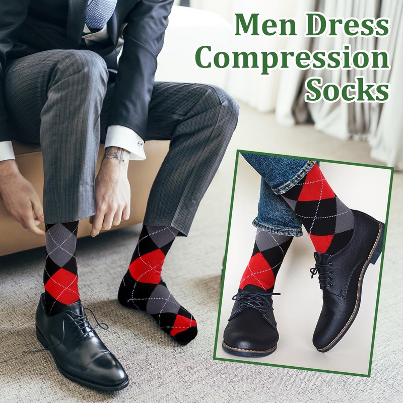 Shyyween 12 Pairs Men Dress Compression Socks Men's Knee Long Light Socks 8-15 mmHg Graduated Support(L-xl,Colorful Argyle)