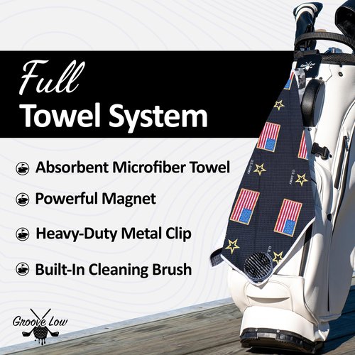 Groove Low Golf Towel with Magnet, Metal Clip and Brush - 40" L x 16.9" W, Extra Large Microfiber Magnetic Towel for Golf Bags, Brush to Keep Your Gear Clean, Army