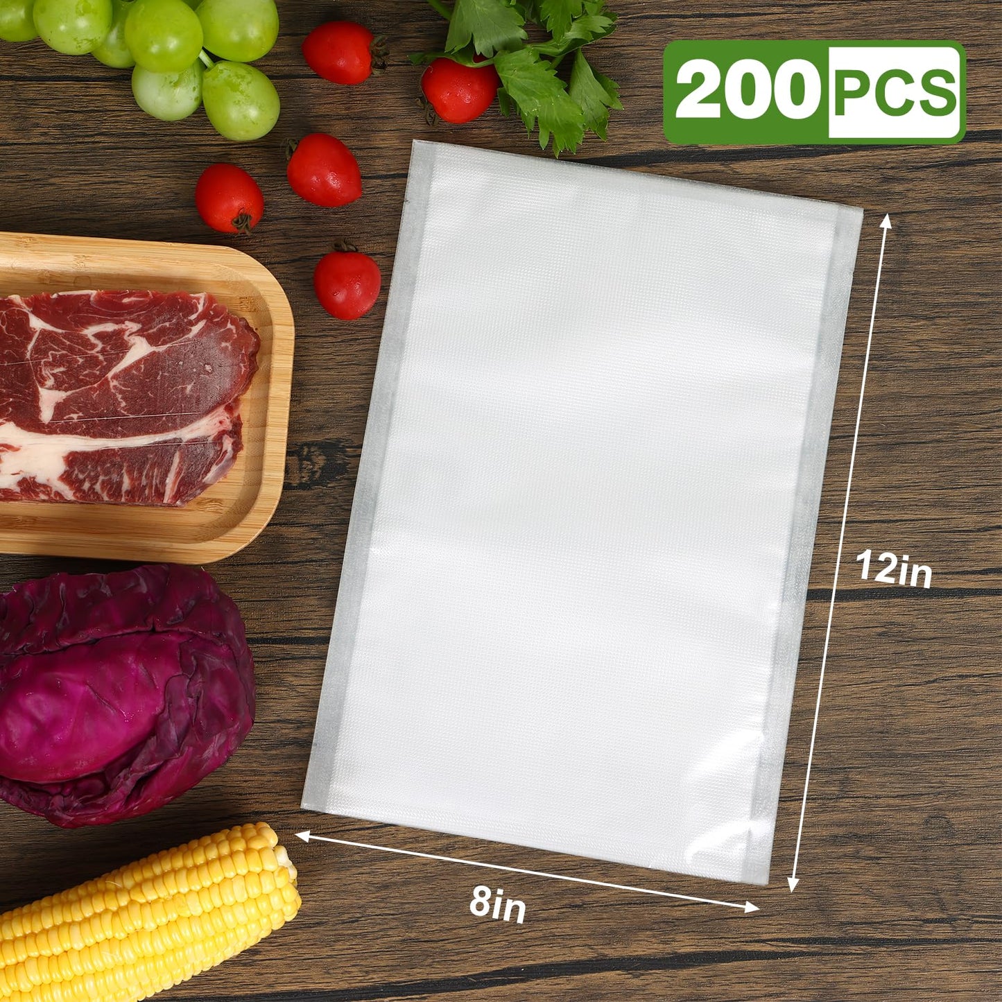 Vacuum Sealer Bags for Food, 200pcs Food Saver Seal Bags Quart 8" x 12", BPA Free Precut Commercial Grade, Puncture Resistant for Meal Prep, Sous Vide, Freezer