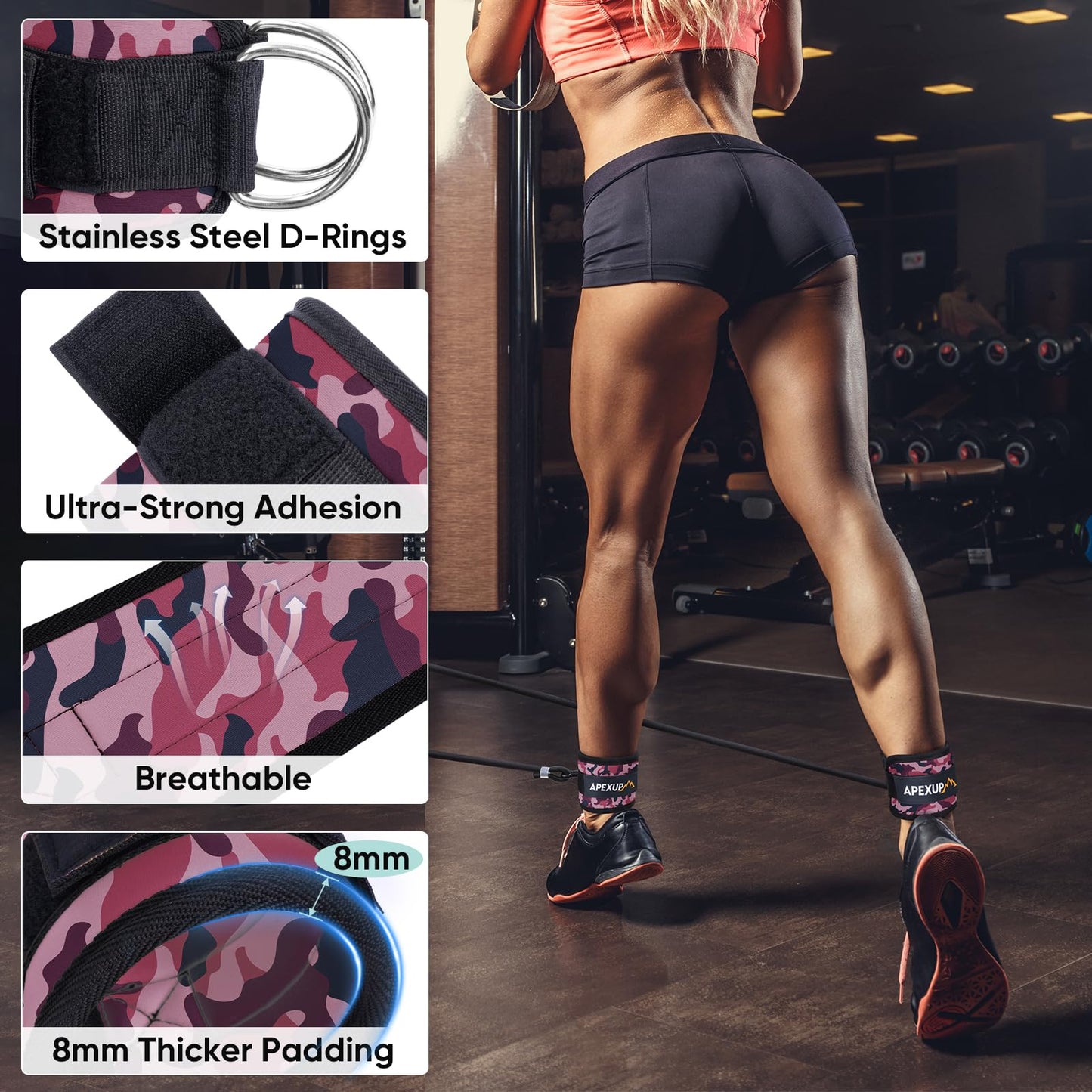 APEXUP Ankle Strap for Cable Machine, Ankle Resistance Bands, Cable Kick Back Straps for Gym, Glute Workouts, Leg Extensions, Adjustable Straps with Neoprene Padding (Single, Pink Camo)