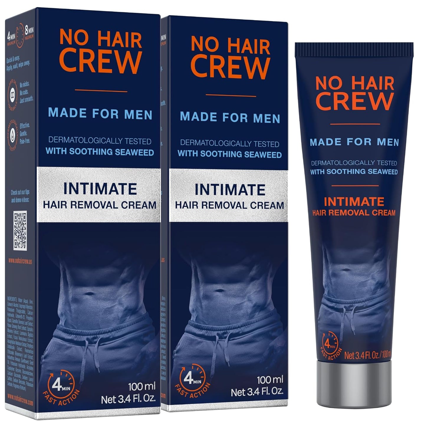 No Hair Crew Hair Removal Cream for Men - Painless & Soothing Manscaping Solution, 100ml (2 Pack)