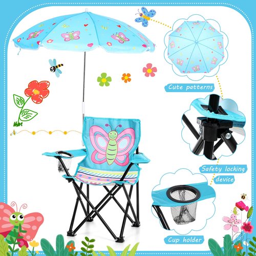 Burbell 1 Set Kids Beach Chair with Umbrella Child Folding Chair Umbrella with Universal Clamp for Children Beach Camping Patio Garden Outdoor Lawn Pool Travel Indoor (Butterfly)
