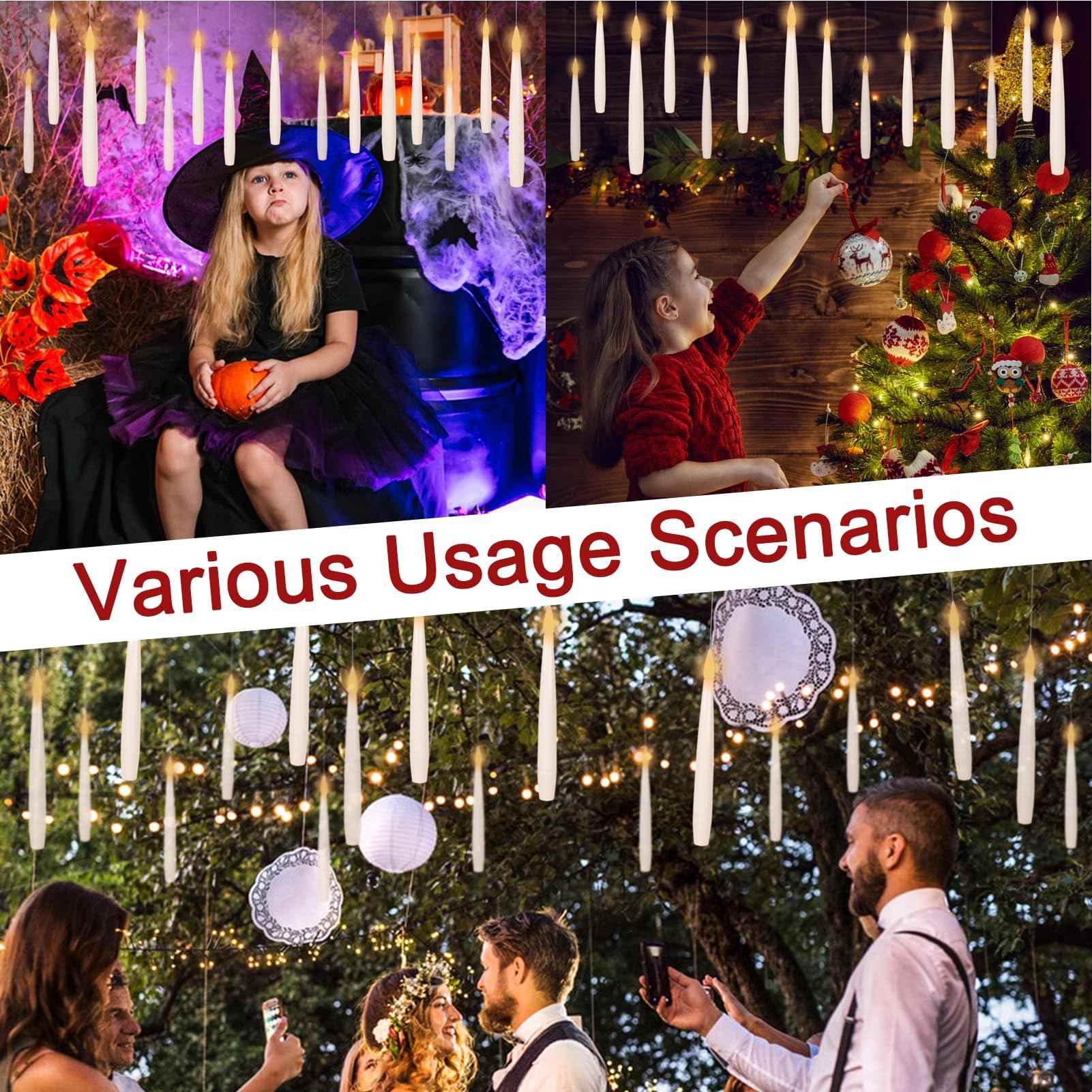 DRomance 22pcs Floating Flameless Candles with Wand Remote and Timer, Battery Operated Magic Hanging LED Flickering Window Taper Candles Warm Light Halloween Lights Decoration(0.45" x 6.1")