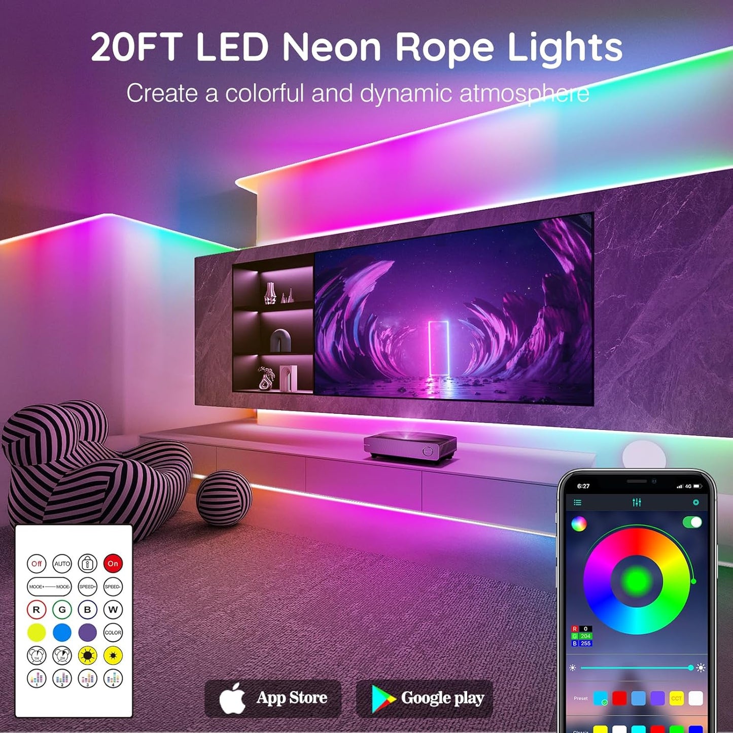 60FT SINLEY LED Neon Rope Lights - App/Remote Control, Waterproof RGB for Indoor/Outdoor Use
