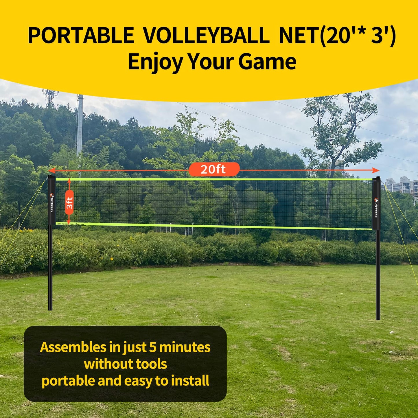 20FT Outdoor Volleyball Net Set System for Backyard Beach with Anti-Sagging Net, Iron Adjustable Height Poles, Soft PU Volleyball and Pump, Carry Bag - Instant Set Up & Durable (Black and Green)