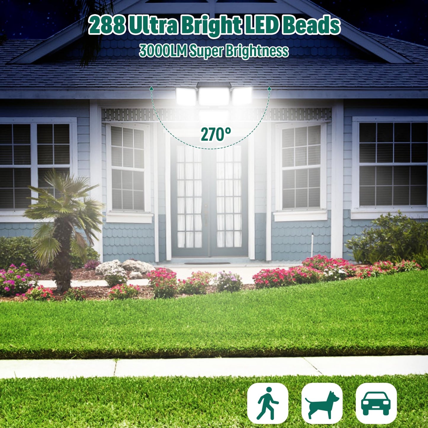 Mokot 3000LM 288 LED 4 Heads Solar Lights Outdoor Waterproof IP65, Motion Sensor Outdoor Lights with 3 Modes 270° Wide Angle Flood Lights, Security Lights for Yard, Porch, Patio(2 Packs)