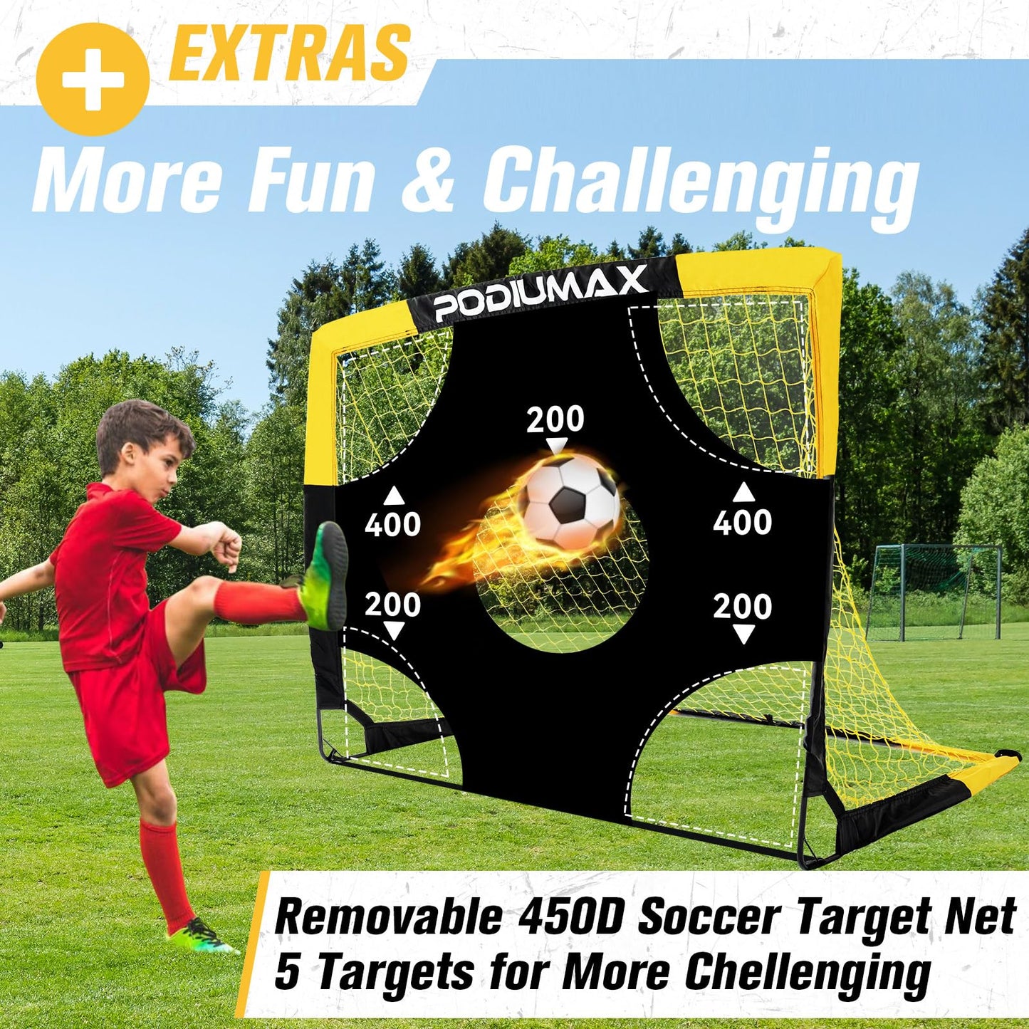 PodiuMax Kids Soccer Goal Set of 2, 4x3ft Pop up Portable Soccer Goals for Backyard, Soccer Net for Kids Age 3 4 5 6 7 8, Toddler Soccer Goal Gift with 1 Ball, 1 Target Net, 10 Cones, 2 Targets