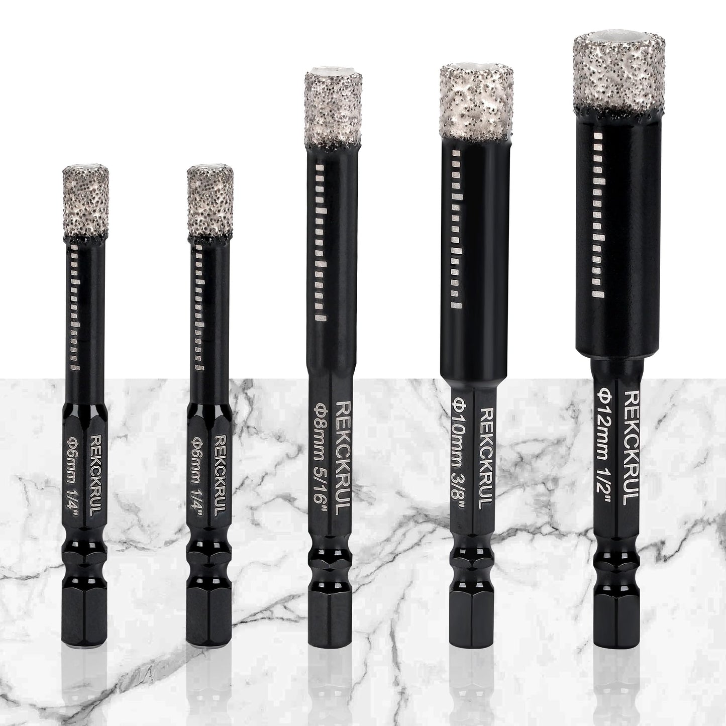 REKCKRUL 5-Pack Diamond Drill Bits Set, 1/4 5/16 3/8 1/2 Inch Diamond Hole Saw – 1/4 Hex Shank Core Drill Bits for Ceramic, Tile, Glass, Granite, Marble, Brick & Stone, 6/8/10/12mm