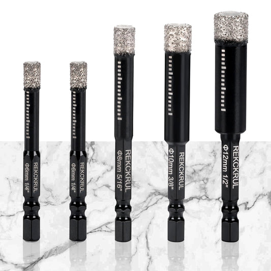 REKCKRUL 5-Pack Diamond Drill Bits Set, 1/4 5/16 3/8 1/2 Inch Diamond Hole Saw – 1/4 Hex Shank Core Drill Bits for Ceramic, Tile, Glass, Granite, Marble, Brick & Stone, 6/8/10/12mm