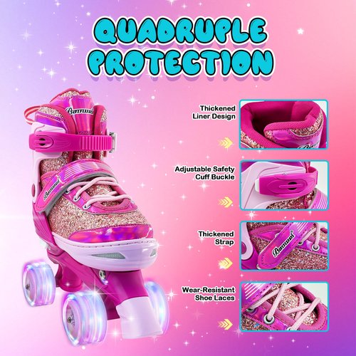 Kids Roller Skates for Girls Boys 4 Size Adjustable Ages 3-5 5-8 6-12 Red Quad Rollerskates with Light Up Wheels for Beginner Children's Birthday Gift patines para niñas Outdoor Sports