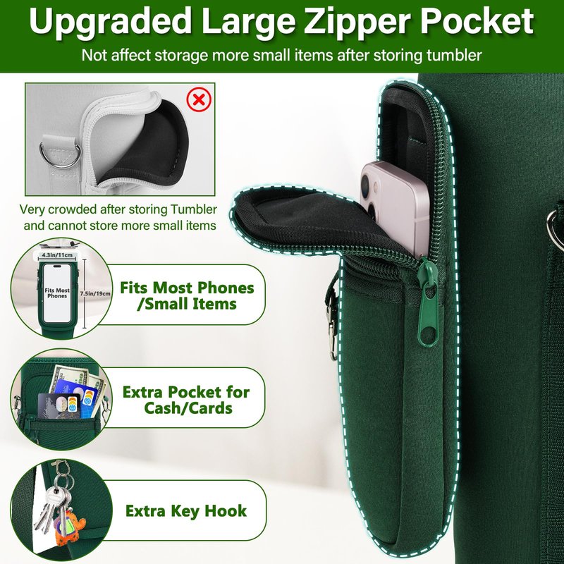 Water Bottle Carrier Bag with Phone Pocket Compatible with Stanley/Meoky 40 oz Tumbler with Handle,Water Bottle Holder Pouch with Adjustable Strap Compatible with Stanley Cup Accessories,Green