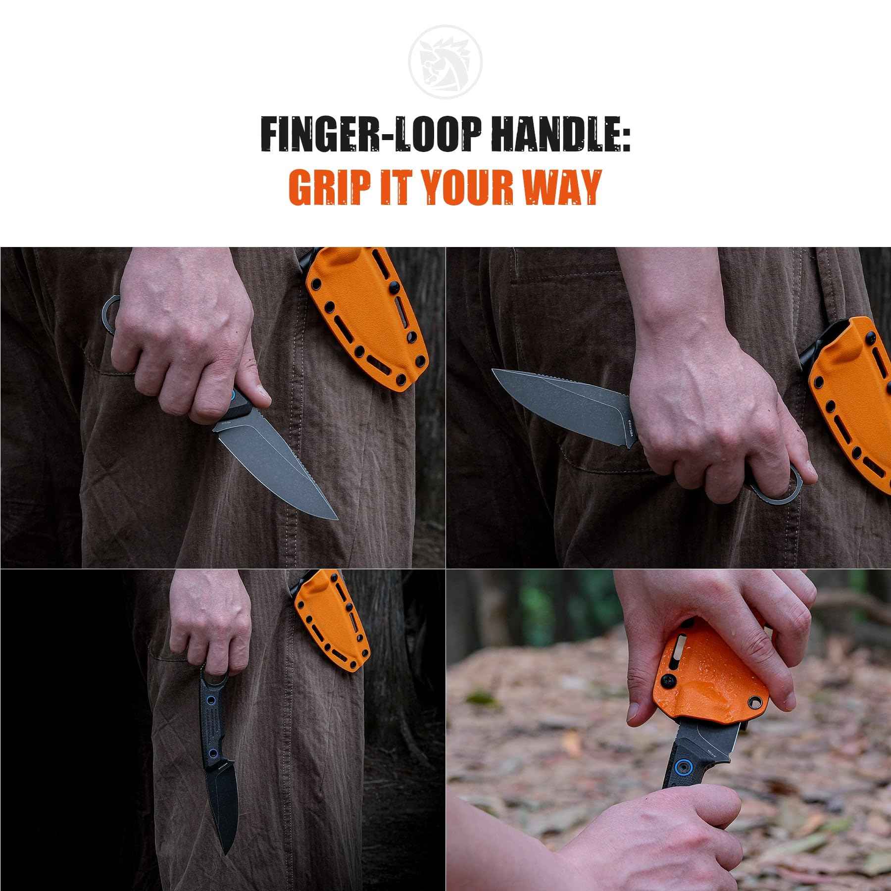 Vosteed Full Back Series EDC Fixed Blade Knife - 3.48" Nitro-V Steel Blade with Sheath, Black Micarta Handle with Finger Loop - Camping Hiking Knives - D0301