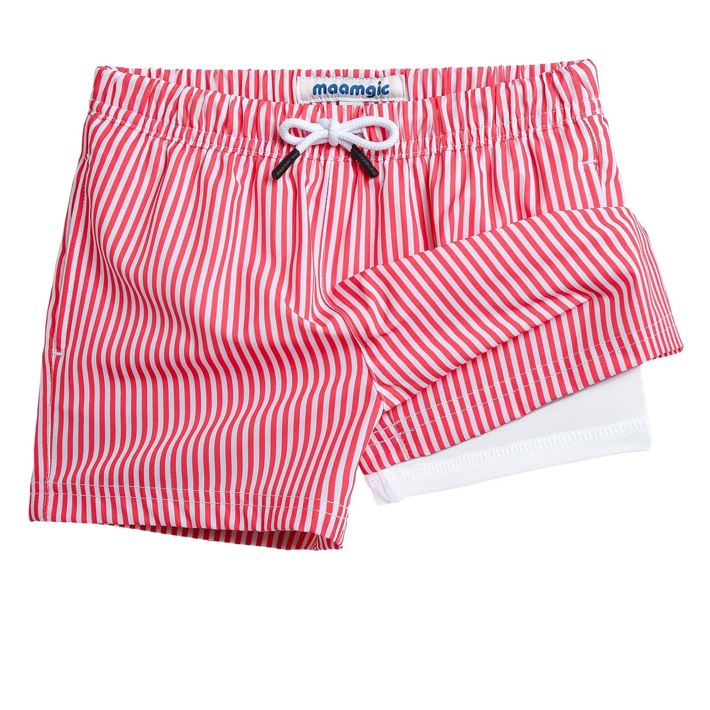 maamgic Boys Swim Trunks with Compression Liner Toddler Stretch Swim Shorts Quick Dry Swimming Trunks Boxer Brief 2 in 1 Beach Shorts Red Stripe 10/12