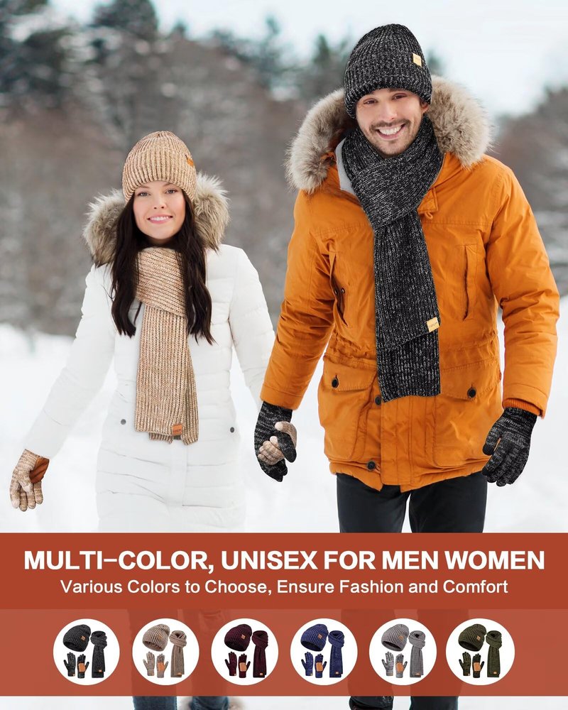 Winter Hat Gloves Scarf Set for Men Women, Mens Beanie with Fleece Lined Long Thick Scarf Touchscreen Gloves for Cold Weather, 3 in 1 Warm Gift Set(A-10)