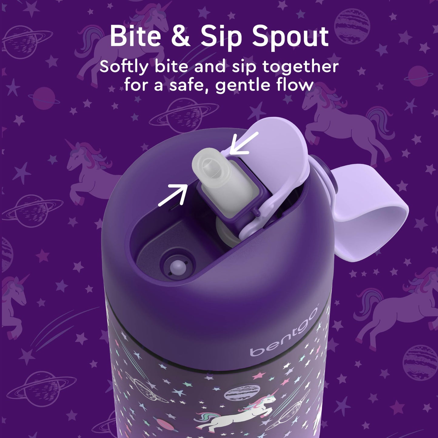 Bentgo Kids Water Bottle 2-Pack - Leak-Proof Durable Tritan BPA-Free 15 oz Cup for Kids/Toddlers Ages 3+; Bite & Sip Spout + Dishwasher Safe for School/Sports/Daycare/Camp (Unicorn/Lavender Galaxy)