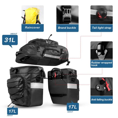 HUNTVP Bike Bag Bike Pannier Bag 3 in 1 Rack Saddle Bag Backpack Rear Seat Bag Shoulder Bag Laptop Pannier Cargo Rack Bicycle Bag with Rain Cover (Black)
