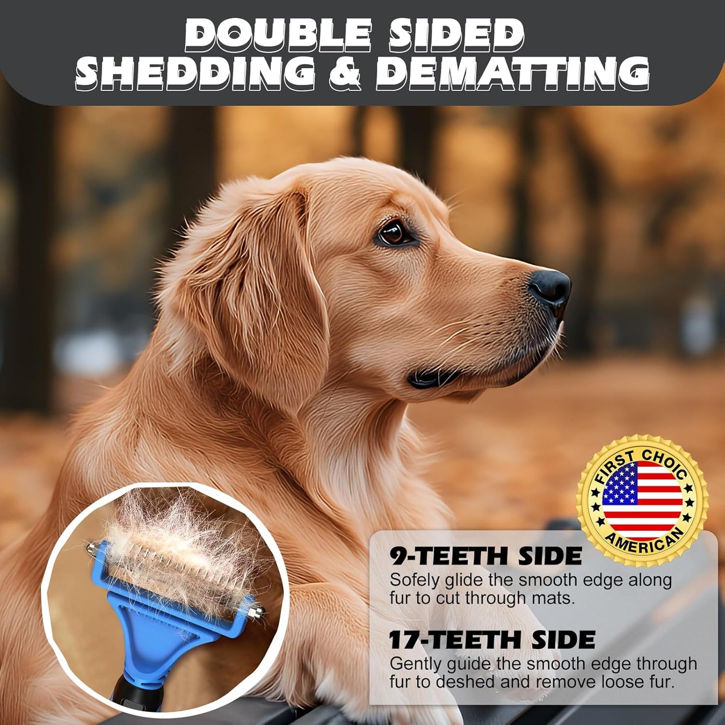 Skiennix Pet Grooming Tool Set - 3PCS Double-Sided Rake, Metal Comb & Flea Comb for Cats & Dogs | Blue