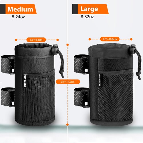 Belinous Scooter Cup Holder for 8-32oz Bottles, Wheelchair Walker Water Bottle Holder for UTV Roll Bar Bike e-Bike Golf Cart and Boat, Drink Holder with Net Pockets and Hook and Loop Straps