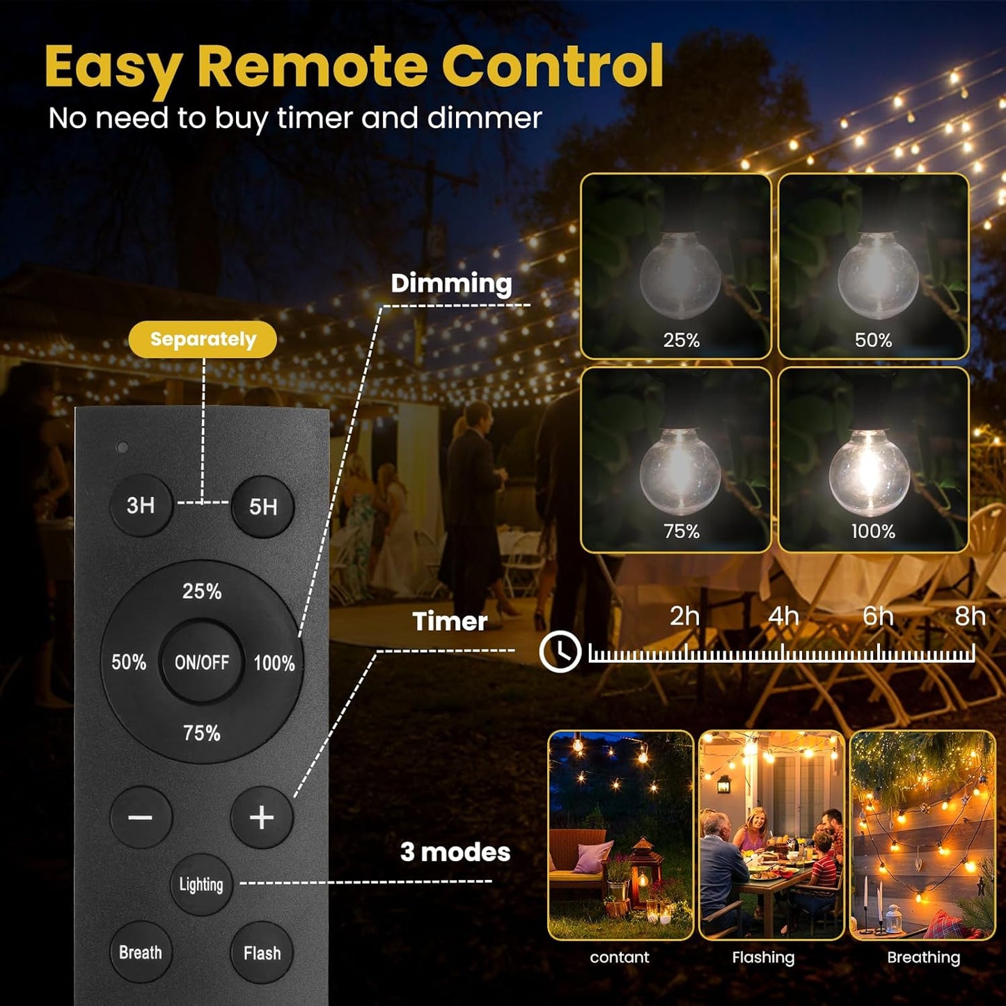 100FT Solar String Lights with Remote - Waterproof G40 LED Patio Lights for Outdoor Parties