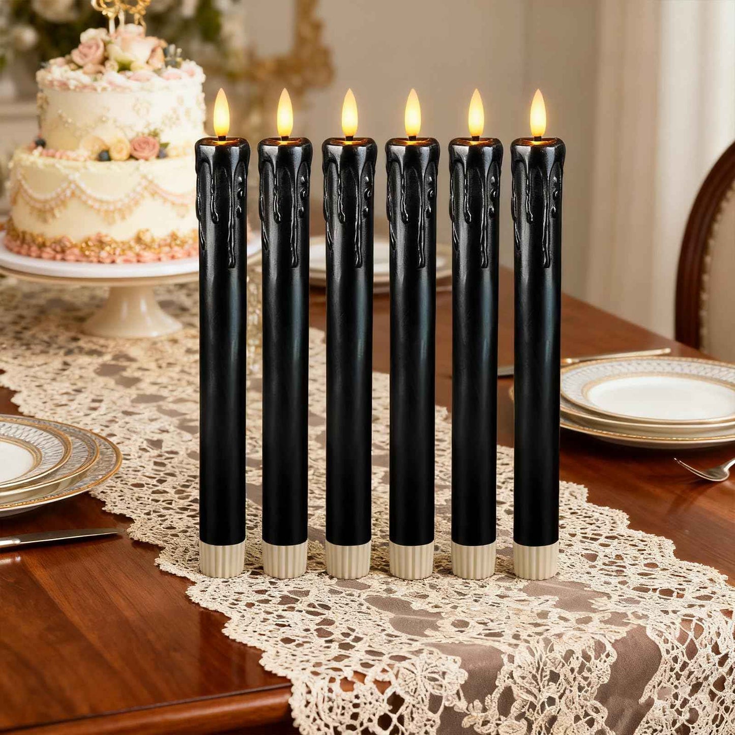 Lezonic Black Flameless Taper Candles Battery Operated with Remote, Long LED Candlesticks Flickering Real Wax Set of 6, 9.5 inch Battery Candles with Realistic 3D Flame for Halloween