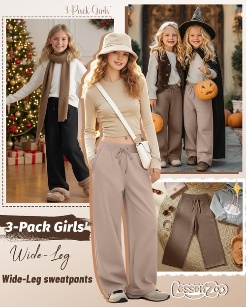 LessonZoo 3 Pack Girls Sweatpants Straight Leg Ribbed Waist Active Joggers Teens Athletic Pants with Drawstring and Pockets(Apricot, Dark Khaki, Black,Medium)