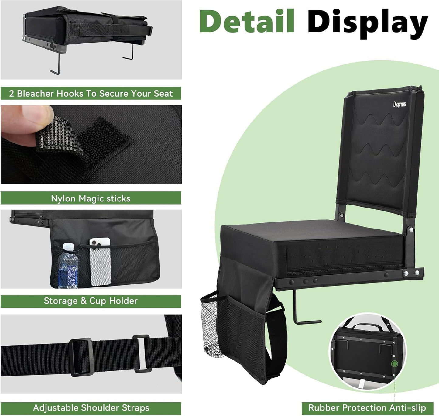 Skiennix Stadium Seats - Portable Bleacher Chairs with Back Support & Thick Padding - Black