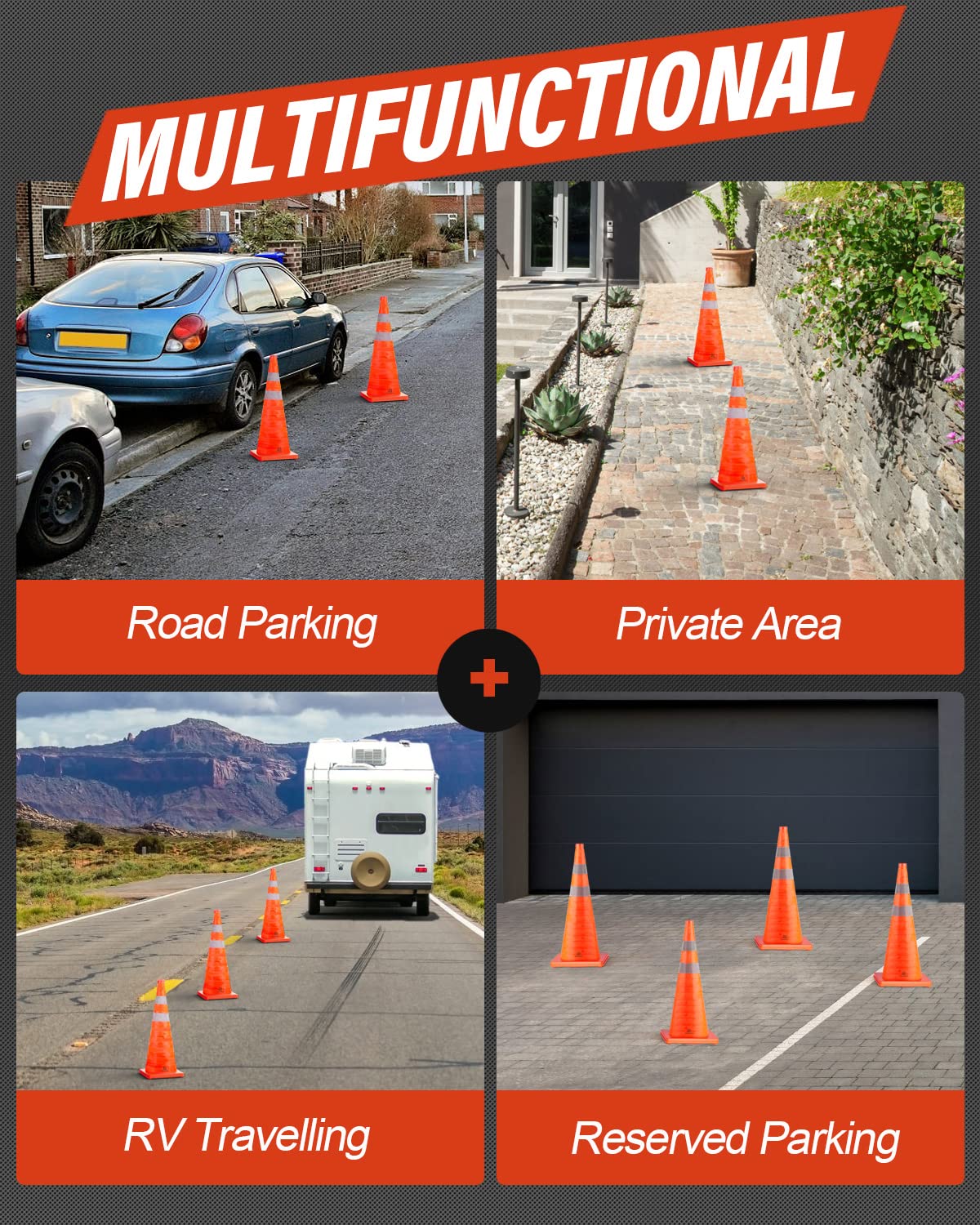RoadHero Traffic Cones - 18 Inch Collapsible Orange Cones with Reflective Collar | 8 Pack for Road Safety & Sports