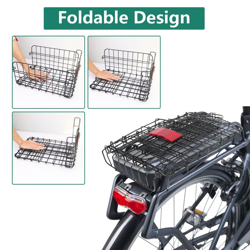 Folding Bike Basket Rear, Bike Rear Rack with PU Waterproof Liner Bag and Net Cover, Bicycle Baskets for Adult/Kids Bikes, Panniers Bike Bags of Bicycle Accessories