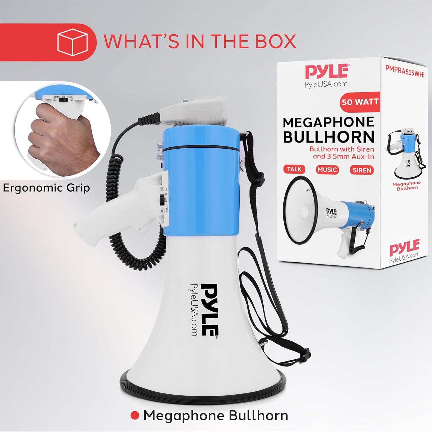 Pyle 50W Megaphone Bullhorn - Portable with Siren & Adjustable Volume | Projects Up to 1200 Yards