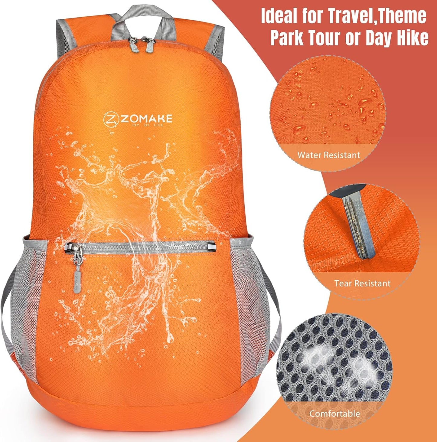 ZOMAKE Ultra Lightweight 20L Hiking Backpack - Packable Water-Resistant Daypack for Men & Women | Orange