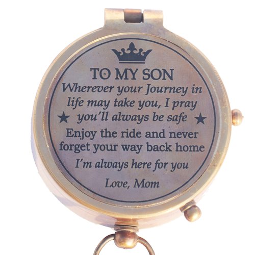 Brass Engrved Compass for Men, Pocket Compass with Leather Case, Antique Handmade Religious Gift Idea for Graduation, Communion, Baptism (to My Son, Love Mom)