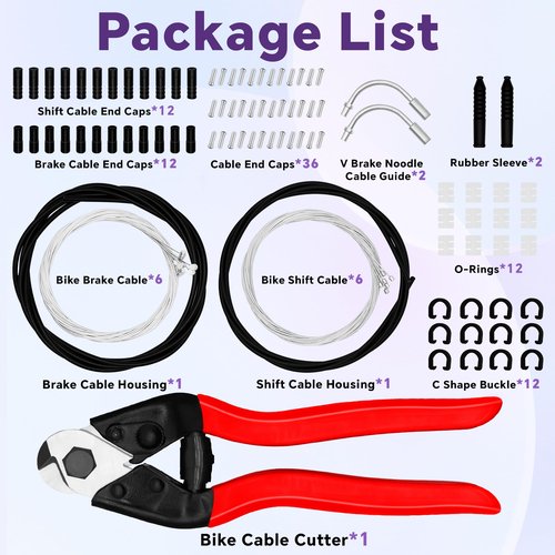 103PCS Universal Bike Brake Cable Kit with Stainless Steel Bike Cable Cutter, Bike Brake Cable and Shifter Cable for Mountain Road Bicycle Repair, Cable End Caps, C Buckles, V Brake Cable Guide Inside