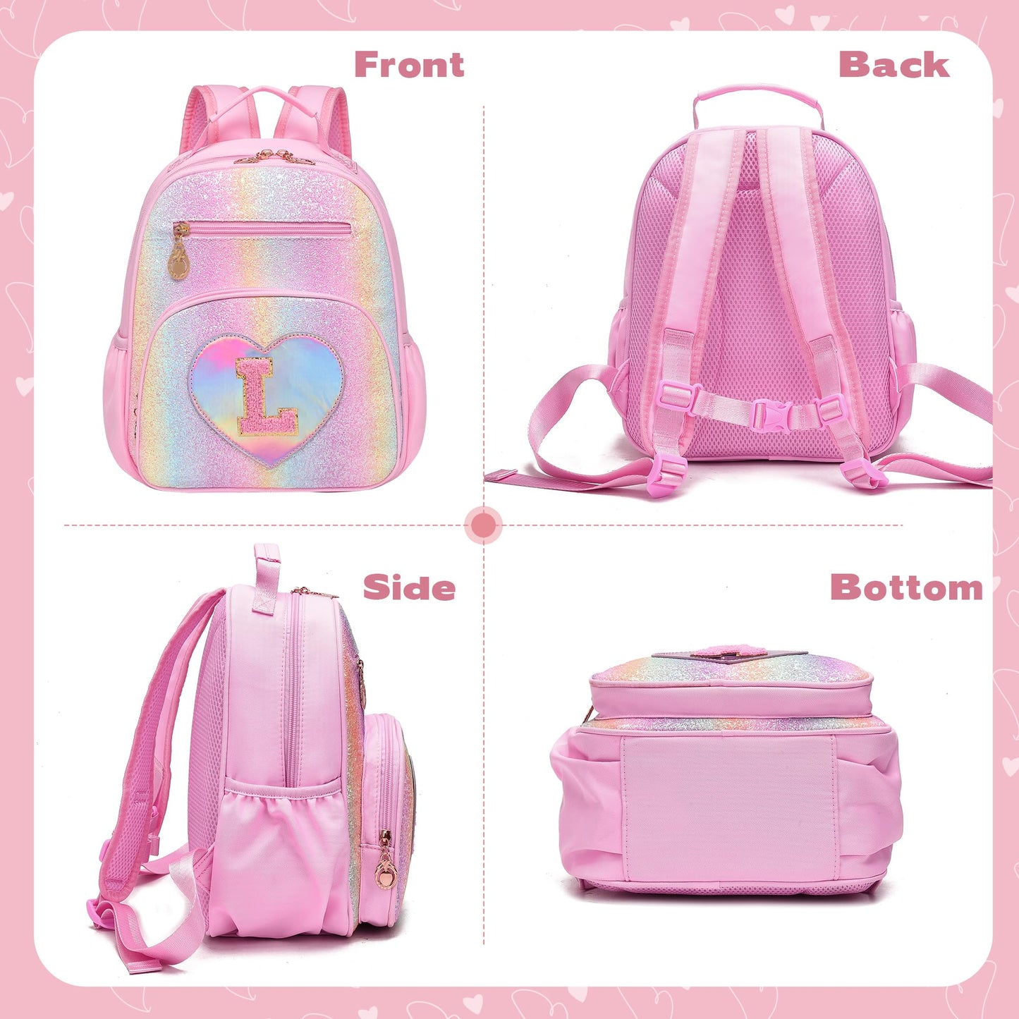 I IHAYNER Glitter Kids Backpack for School Travel & Daycare, Cute Pink Backpack with Initial, Lightweight Preschool Elementary Backpack for Girls, Personalized Gifts for Toddler & Little Girls