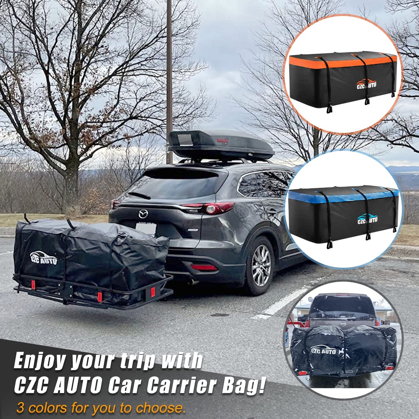 CZC AUTO Hitch Cargo Carrier Bag, 20 cu. ft Waterproof/Rainproof/Weatherproof Cargo Traveling Bag for Car Truck SUV Vans' Hitch Tray and Hitch Basket, Safe Steady Durable Soft, Black-Orange