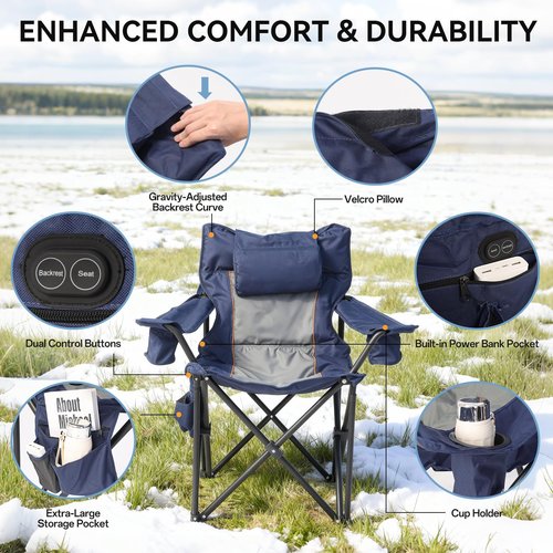 Heated Camping Chair, Oversized Folding Heated Chair with Back & Seat Heating, Supports 400 lbs, Portable Heated Outdoor Chair for Camping,Fishing, Patio, Picnic, Battery NOT Included, Navy Grey