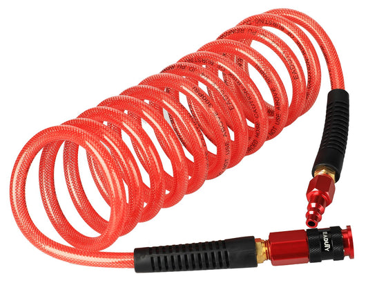 EADUTY Heavy Duty Reinforced Polyurethane Recoil Air Hose 1/4 in x 10 ft, Lightweight, Flexible Compressor Hose with Universal Quick Coupler, Plug and Bend Restrictors, Red