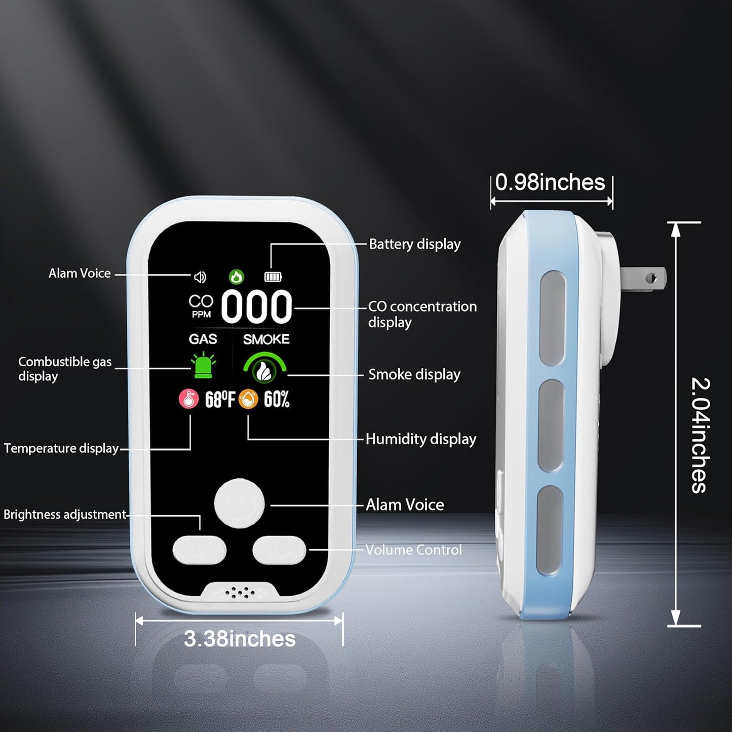 5-in-1 Carbon Monoxide Detector with LCD Display - CO, Gas, Smoke, Temp & Humidity Alarm for Home, RV & Camping Safety